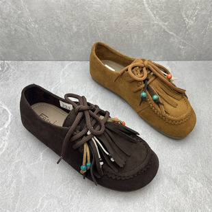 断码 流苏软底真皮磨砂皮单鞋 复古森系休闲乐福鞋 时尚 女鞋 26春季