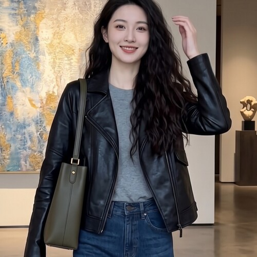 春秋短款西装领显瘦女皮衣