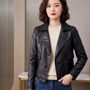 春秋季通勤风短款皮衣女黑色宽松气质皮夹克复古方领机车风外套潮