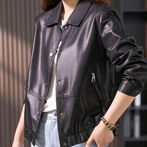 休闲宽松皮衣女短款口袋后背