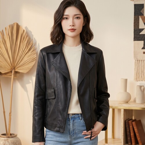 春秋女短款PU机车皮衣黑色