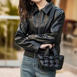 显瘦立领机车长袖 修身 皮夹克小个子外套潮 皮衣外套女短款 春秋新款
