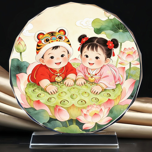 莲生贵子送子宝宝画水晶摆台桌面助孕求子龙凤胎工艺品摆件定制