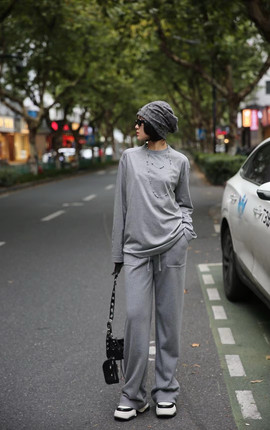 商场同款秋冬韩版宽松休闲运动套装女灰色卫衣卫裤两件套5100386