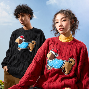 男女2025冬新款 Nuthink美式 复古安可拉红卡通小狗刺绣毛衣针织衫