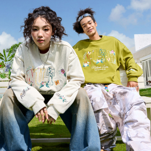 新款 Nuthink美式 复古刺绣花卉字母圆领卫衣潮牌男女2025冬季