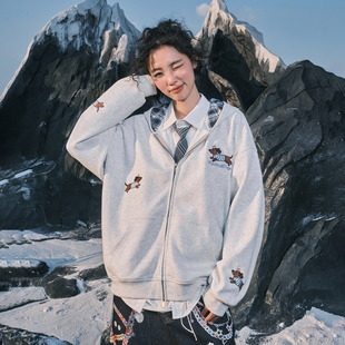 男女2025秋冬新款 Nuthink美式 复古小狗刺绣格纹连帽卫衣拉链开衫