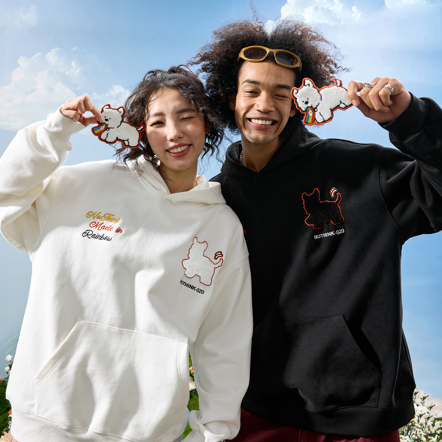 Nuthink美式卡通小狗刺绣卫衣男