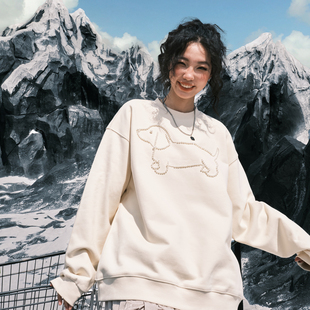 Nuthink美式 珍珠小狗腊肠狗圆领卫衣复古潮牌男女2025冬新款