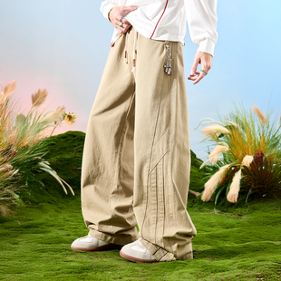 Nuthink美式复古街头拼接阔腿弯刀工装裤加绒裤子男款2026年春季