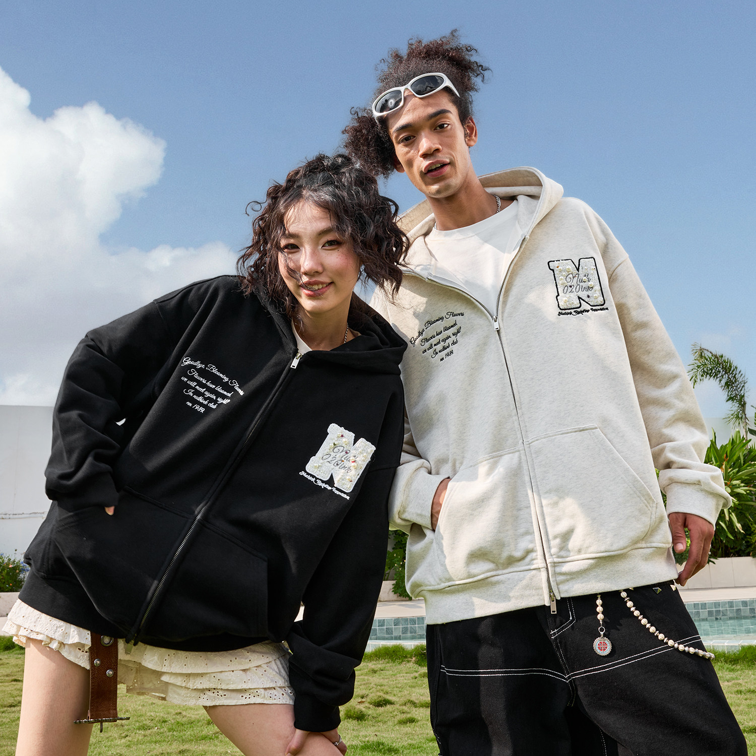 Nuthink美式复古珍珠刺绣字母连帽卫衣开衫重磅男女2026年春季,男装,卫衣,淘宝优惠券,粉丝福利购,淘宝优惠卷
