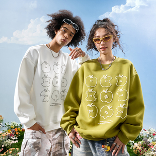 新款 Nuthink美式 复古苹果加绒圆领卫衣绿色潮牌情侣男女2025冬季