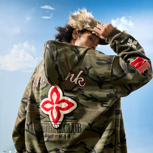 新款 外套男女2025冬季 重磅字母刺绣迷彩连帽卫衣开衫 Nuthink美式