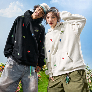 新款 Nuthink潮牌彩色拼图刺绣连帽卫衣美式 复古卡通男女2025冬季