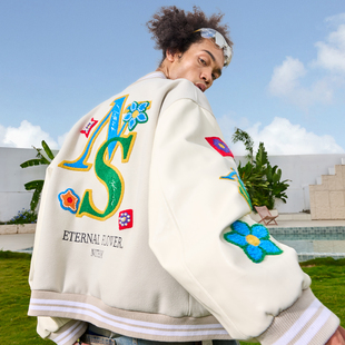 Nuthink美式 复古撞色重工刺绣珍珠棒球服夹克拼接男女2025冬新款