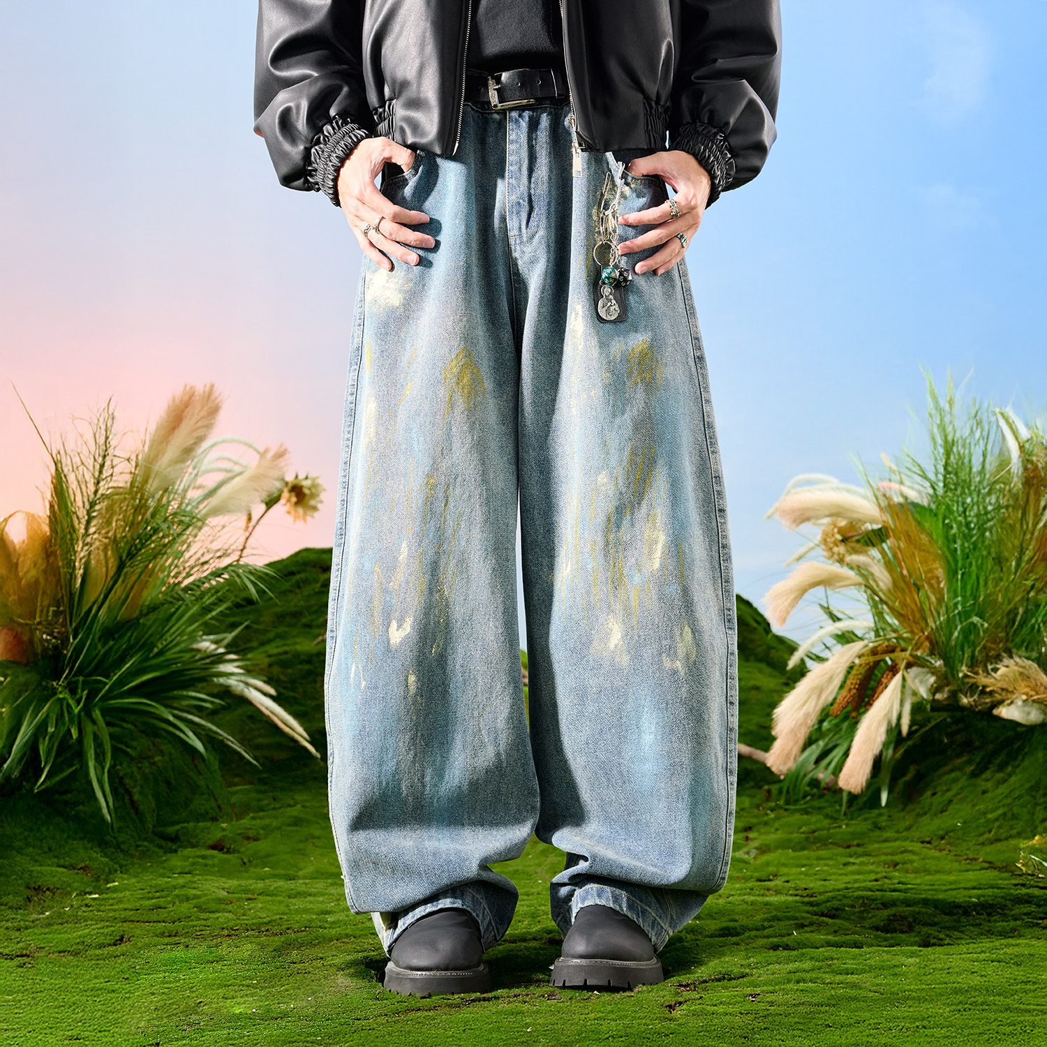 Nuthink美式复古涂鸦泼墨牛仔裤阔腿垂感水洗做旧裤子2026年春季,男装,牛仔裤,淘宝优惠券,粉丝福利购,淘宝优惠卷