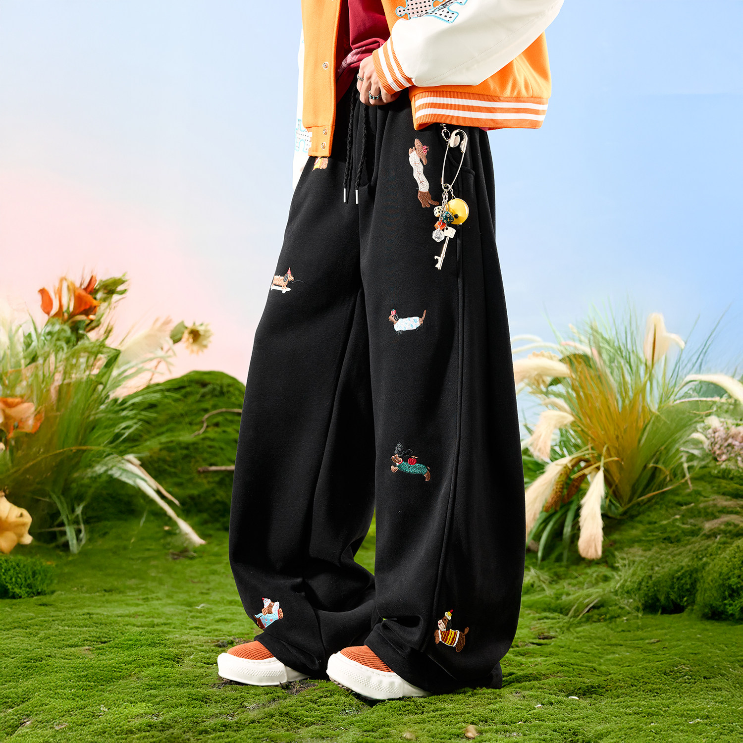 Nuthink美式潮牌小狗刺绣卫裤垂感阔腿加绒裤子加厚男款2026年春,男装,卫裤,淘宝优惠券,粉丝福利购,淘宝优惠卷