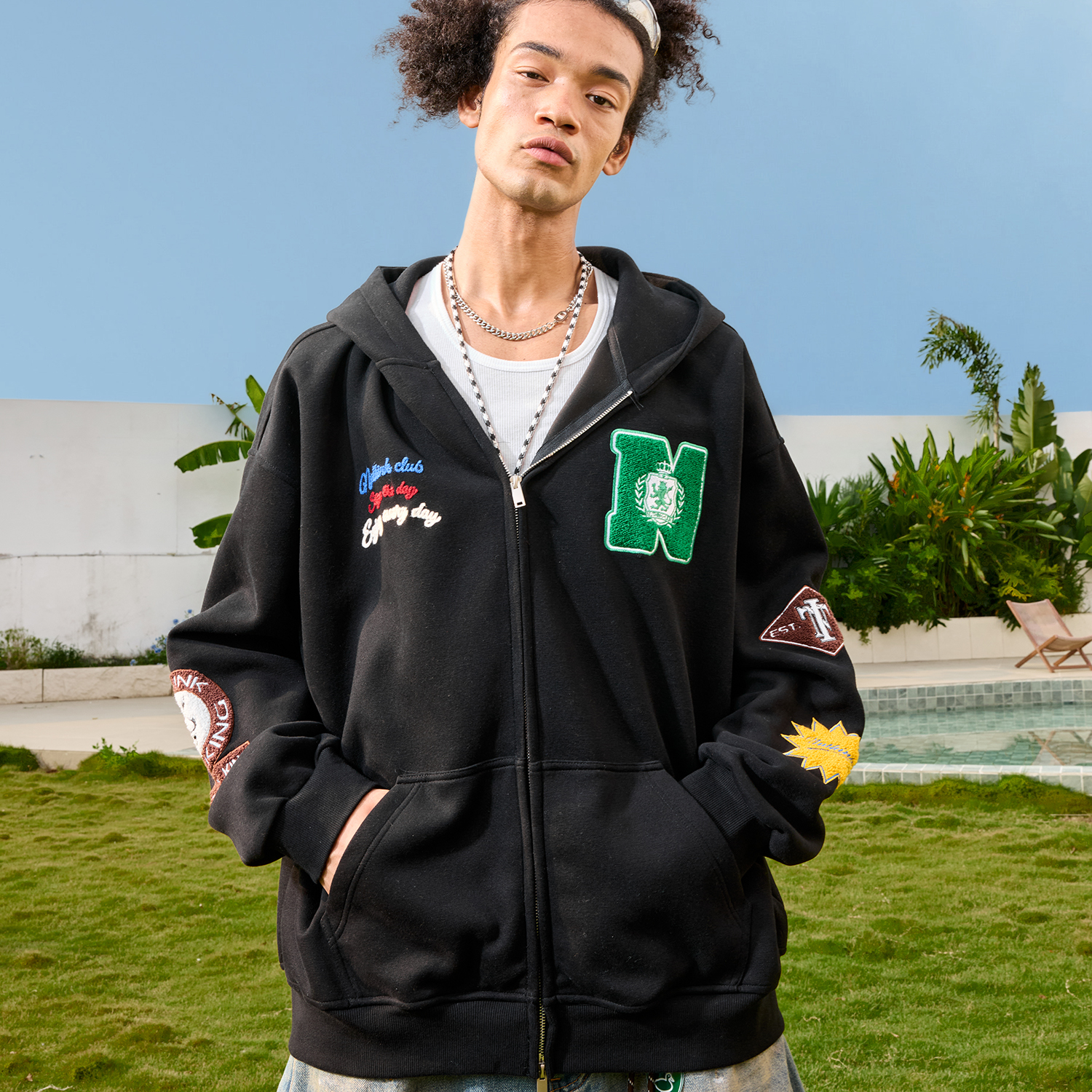 Nuthink美式重磅刺绣开衫卫衣男