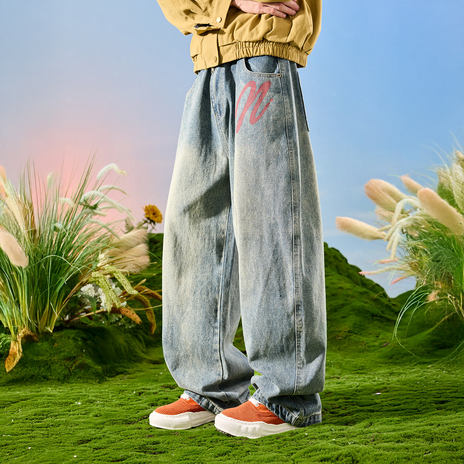 Nuthink美式复古阔腿牛仔裤垂感水洗做旧裤子字母男款2026年春季,男装,牛仔裤,淘宝优惠券,粉丝福利购,淘宝优惠卷