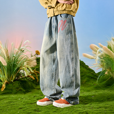 Nuthink美式水洗做旧阔腿牛仔裤