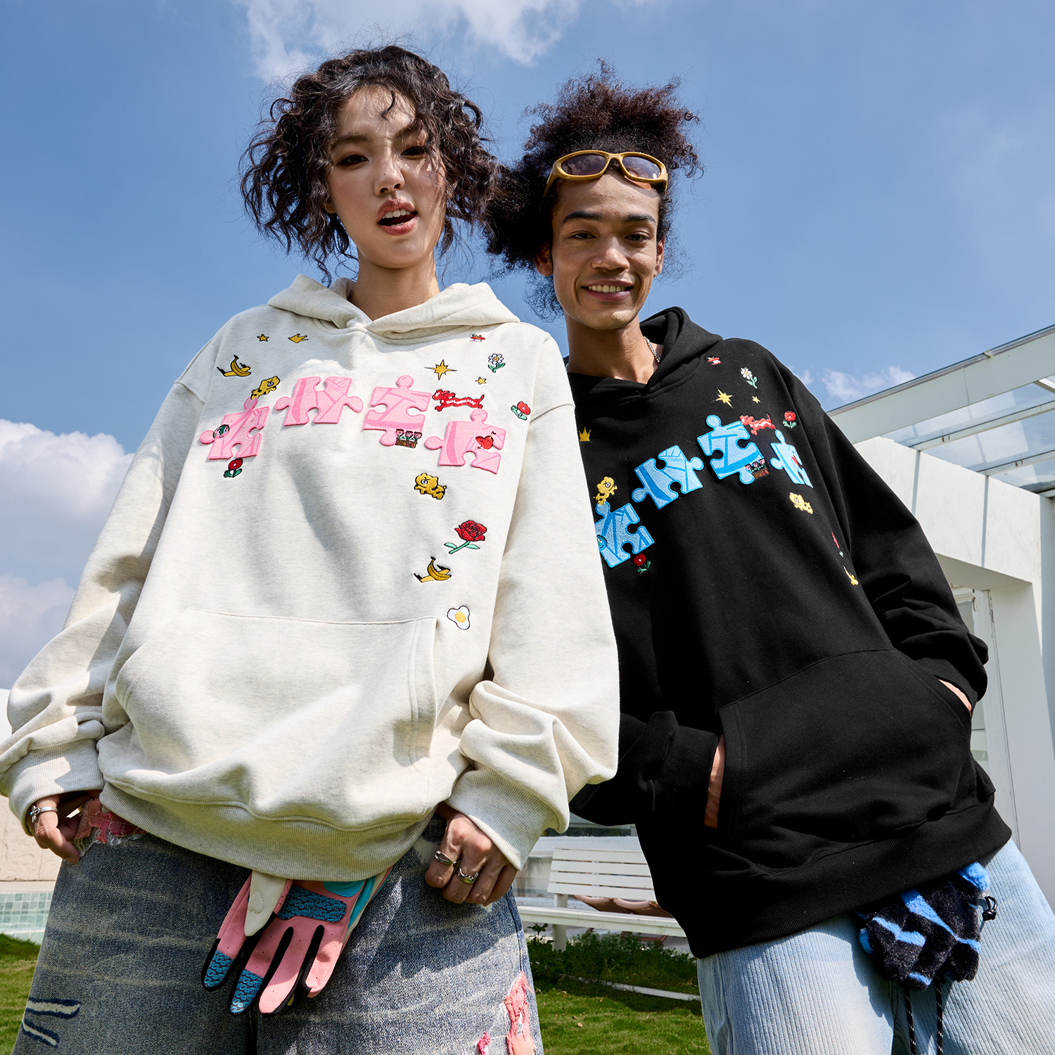 Nuthink拼图卡通贴纸刺绣卫衣男