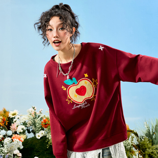 Nuthink美式 复古女生苹果刺绣圆领套头卫衣慵懒松弛感2025冬新款