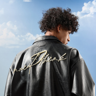 新款 Nuthink美式 复古潮牌皮衣夹克珍珠字母刺绣外套男女2025冬季