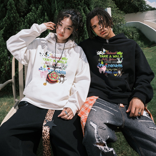 Nuthink美式 复古卡通小猫小狗彩色字母连帽卫衣加绒男女2025新款