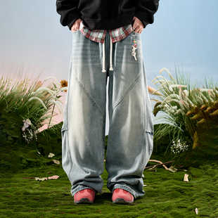 新款 Nuthink美式 男2025冬季 水洗加绒加厚长裤 复古拼接弯刀牛仔裤