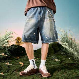 休闲2025夏新款 洗水做旧泼墨直筒五分裤 复古牛仔短裤 Nuthink美式