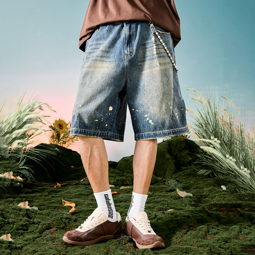 Nuthink洗水做旧泼墨牛仔短裤