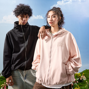 新款 Nuthink美式 复古字母刺绣高领拉链连帽卫衣外套男女2025冬季