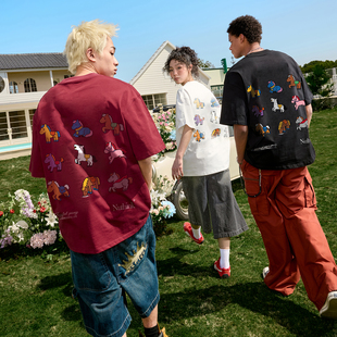 潮牌字母情侣男女2026年春夏 美式 Nuthink马年红色小马短袖 T恤男士