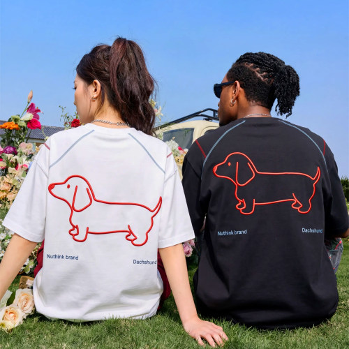Nuthink美式刺绣小狗T恤情侣男女