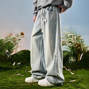 新款 Nuthink美式 男2025冬季 垂感褶皱弯刀长裤 复古做旧阔腿牛仔裤