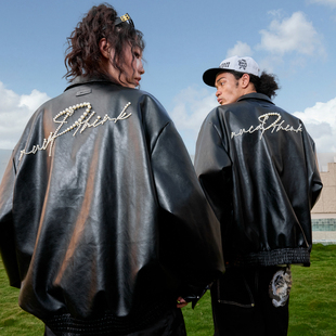 Nuthink美式 复古PU皮衣夹克潮牌珍珠刺绣宽松外套男女2025冬新款