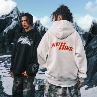 新款 Nuthink美式 复古朋克摇滚火焰刺绣字母连帽卫衣男女2025冬季