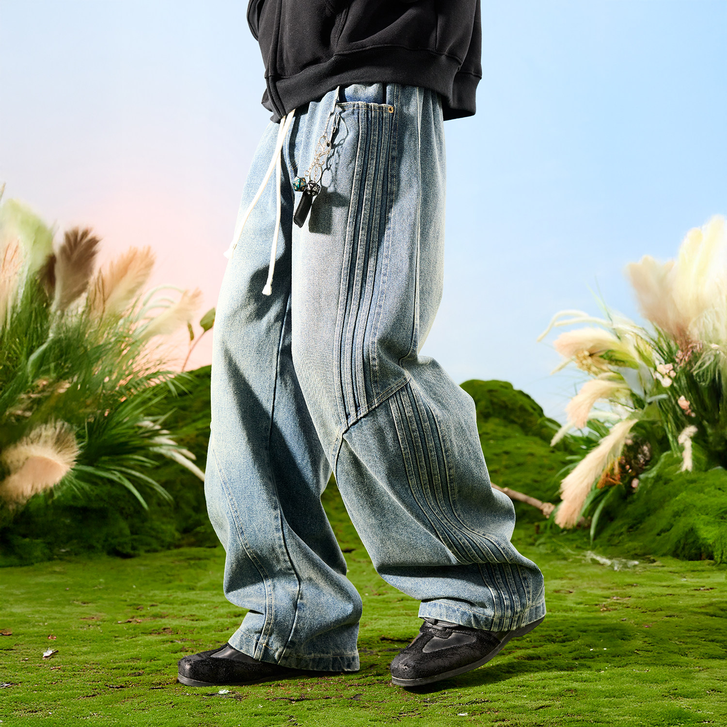 Nuthink美式复古拼接阔腿牛仔裤水洗弯刀裤三条杠加绒裤2026年春,男装,牛仔裤,淘宝优惠券,粉丝福利购,淘宝优惠卷