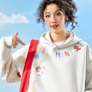 Nuthink美式 2026年春 潮牌字母涂鸦印花连帽卫衣加绒加厚男女新款