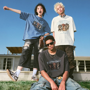 T恤洗水做旧情侣2025夏新款 Nuthink美式 复古腊肠狗小狗印花短袖