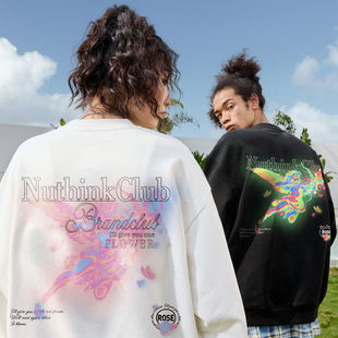 新款 Nuthink美式 复古潮牌彩色天使圆领卫衣满印加绒男女2025冬季