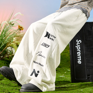 Nuthink美式潮牌刺绣字母阔腿裤卫裤休闲长裤加绒裤子男款冬新款