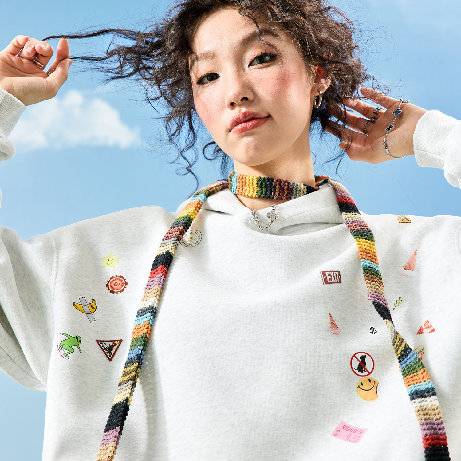 Nuthink美式卡通贴纸连帽卫衣男