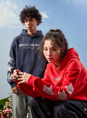 Nuthink美式潮牌新年红色连帽卫衣烫钻字母五角星男女款2026年春