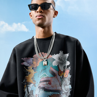 新款 Nuthink美式 潮牌小猫花卉蝴蝶涂鸦印花圆领卫衣男女2025冬季