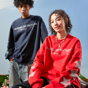 Nuthink美式 复古潮牌五角星字母烫钻圆领卫衣加绒男女2025冬新款