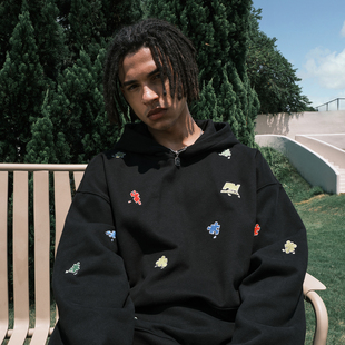 Nuthink美式 2026年春 复古彩色拼图刺绣卡通连帽卫衣潮牌男女新款