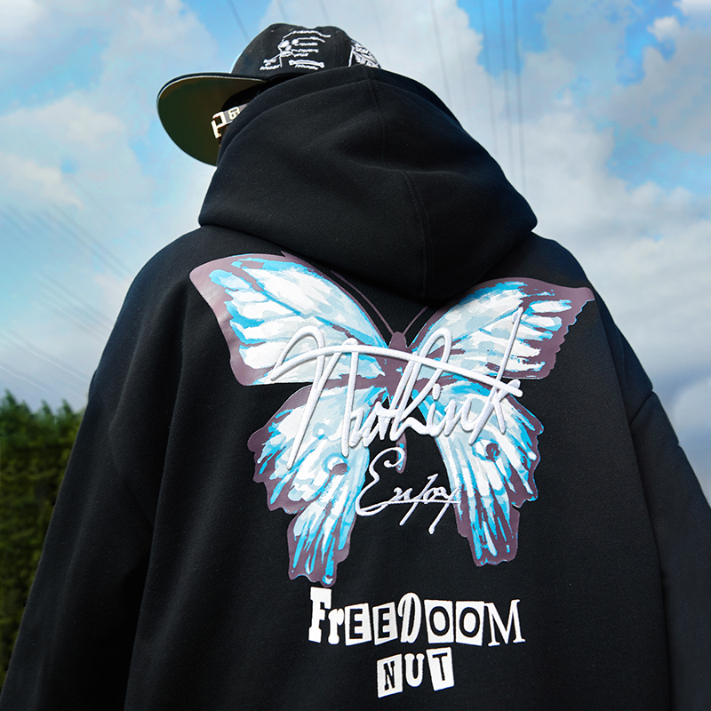 Nuthink国潮刺绣连帽卫衣加绒