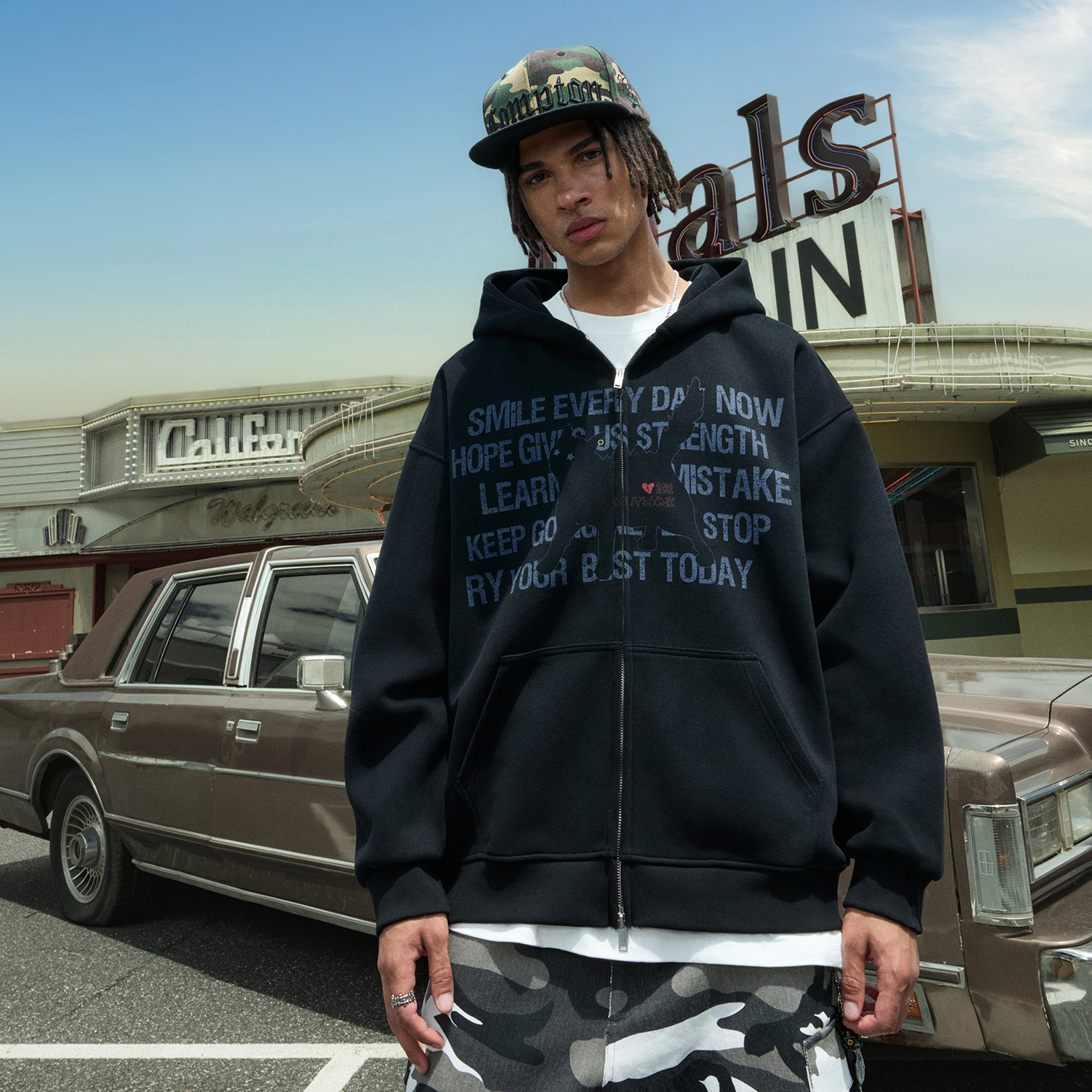 Nuthink嘻哈字母猫咪印花卫衣男