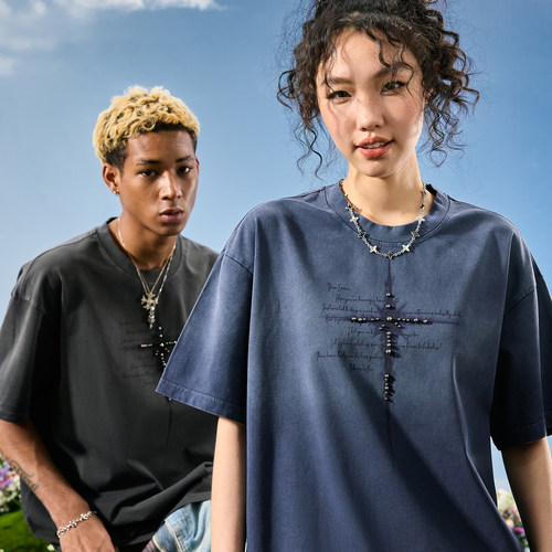 Nuthink做旧十字架珍珠T恤男女